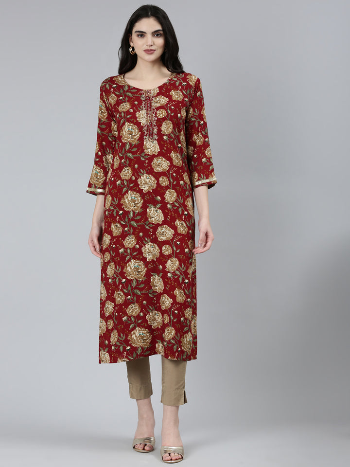 Neerus Maroon floral printed straight kurti - front view