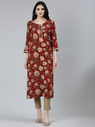 Neerus Maroon Regular Straight Floral Kurtas