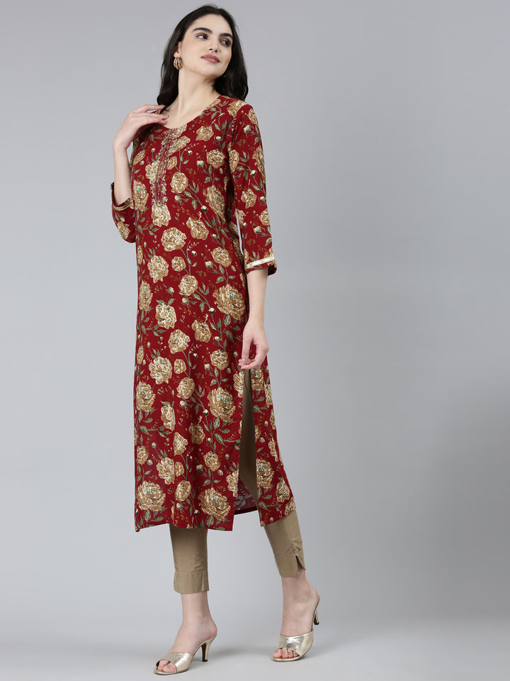 Neerus Maroon floral printed straight kurti - back view