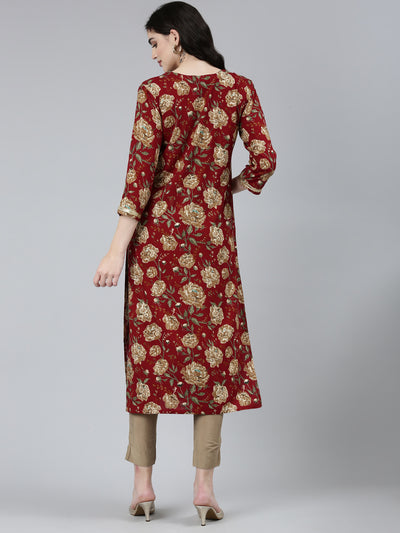 Neerus Maroon Regular Straight Floral Kurtas