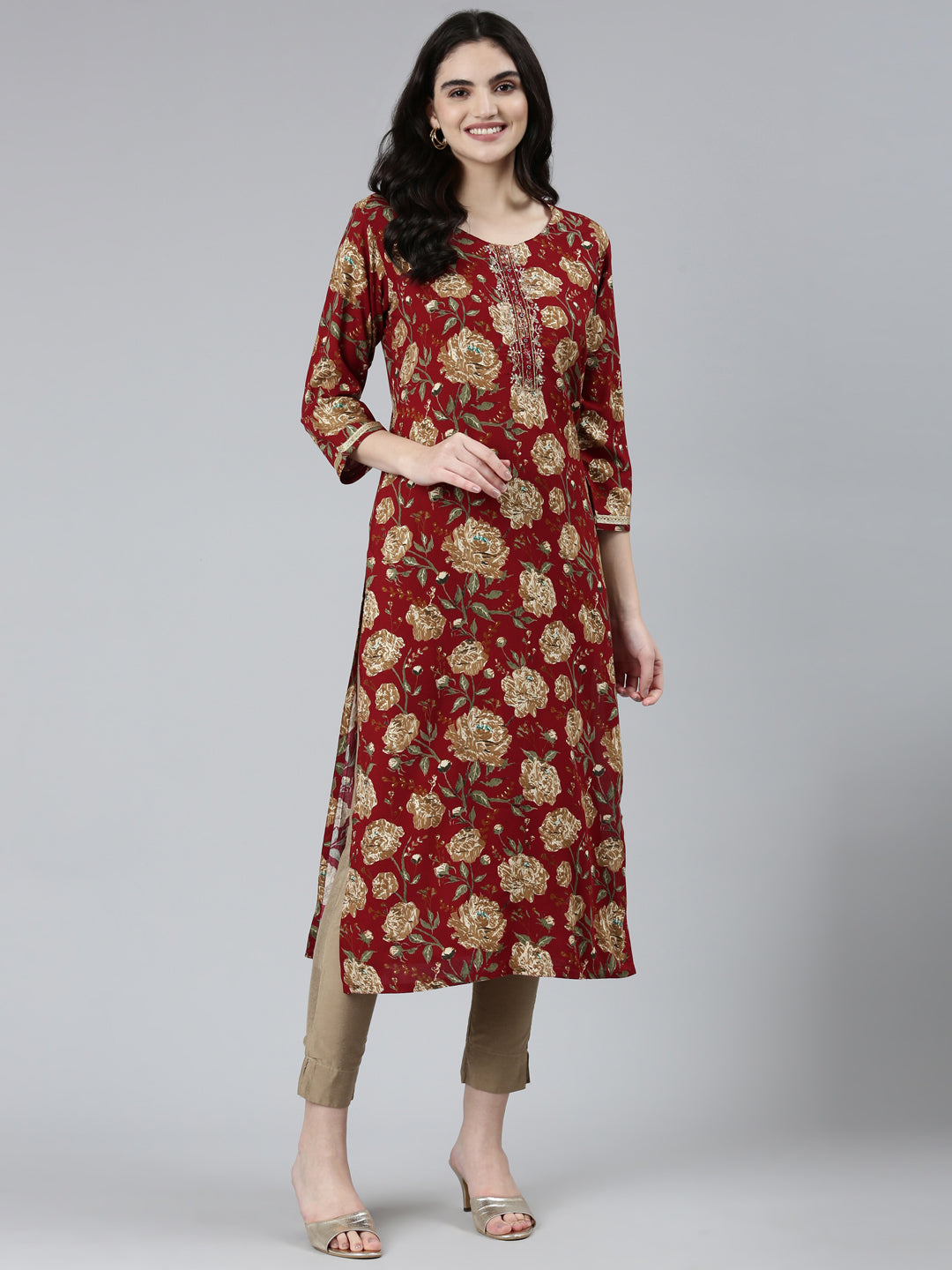Neerus Maroon floral printed straight kurti - detail view 2