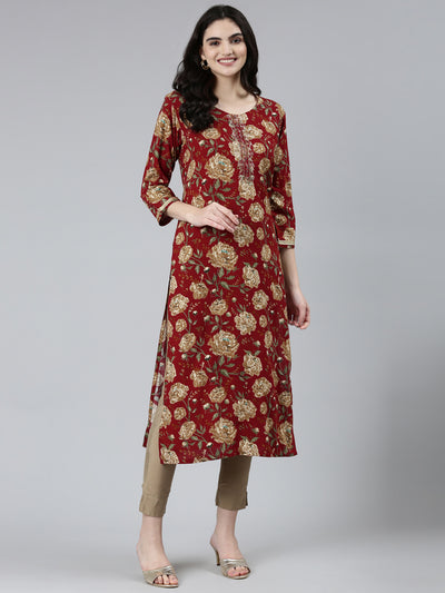 Neerus Maroon Regular Straight Floral Kurtas