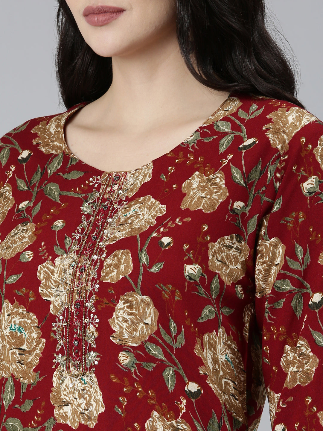 Neerus Maroon floral printed straight kurti - detail view 1