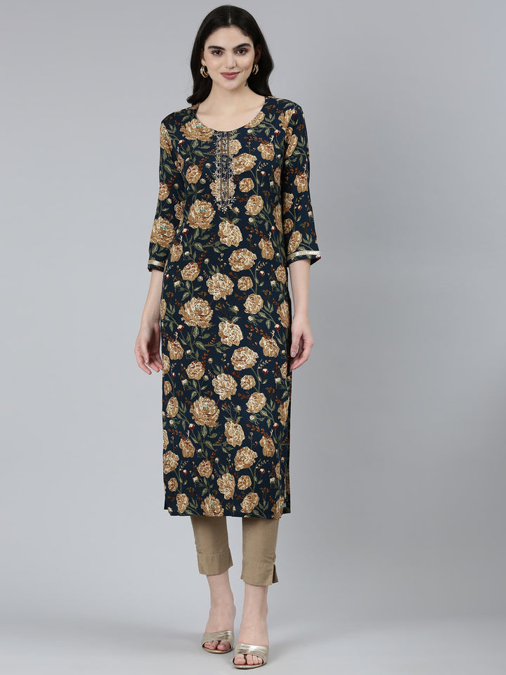 Neerus Blue floral embroidered straight kurti - front view