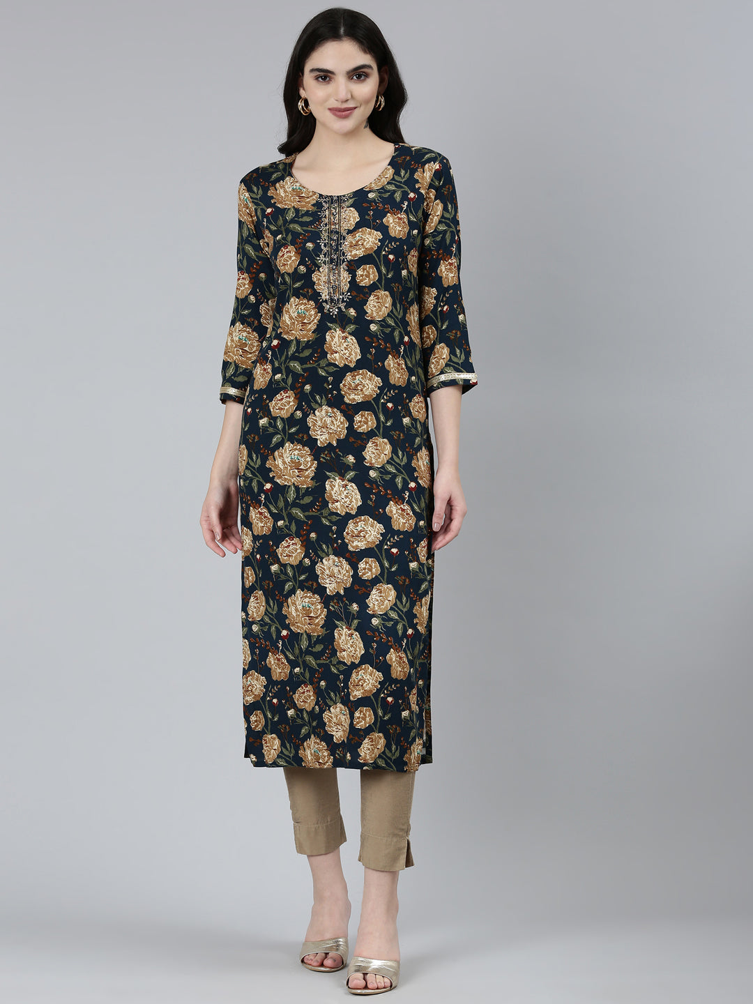 Neerus Navy Blue Regular Straight Floral Kurtas