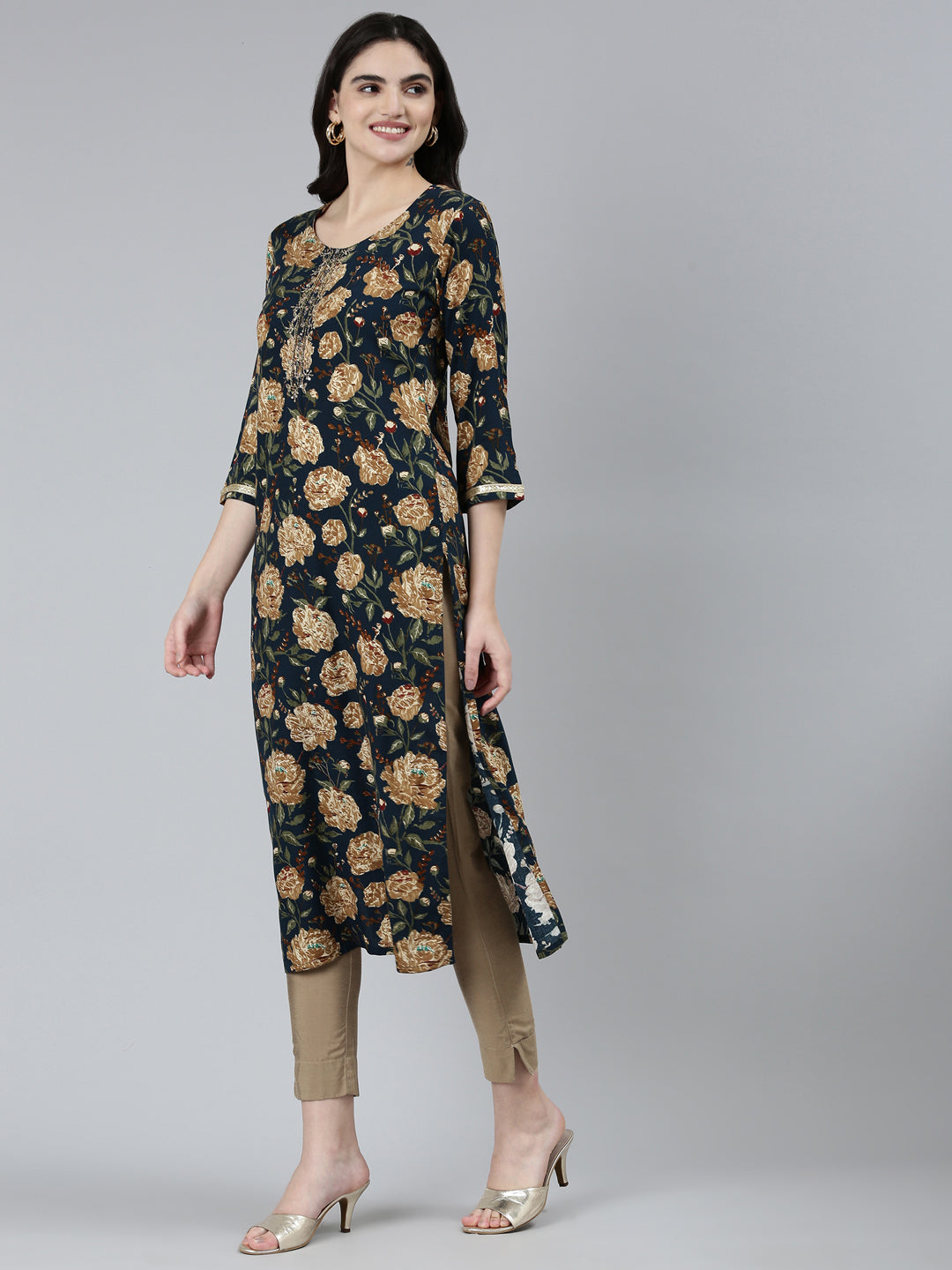 Neerus Blue floral embroidered straight kurti - back view