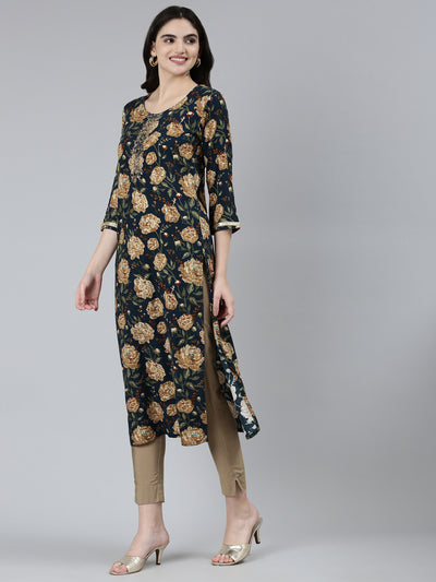 Neerus Navy Blue Regular Straight Floral Kurtas