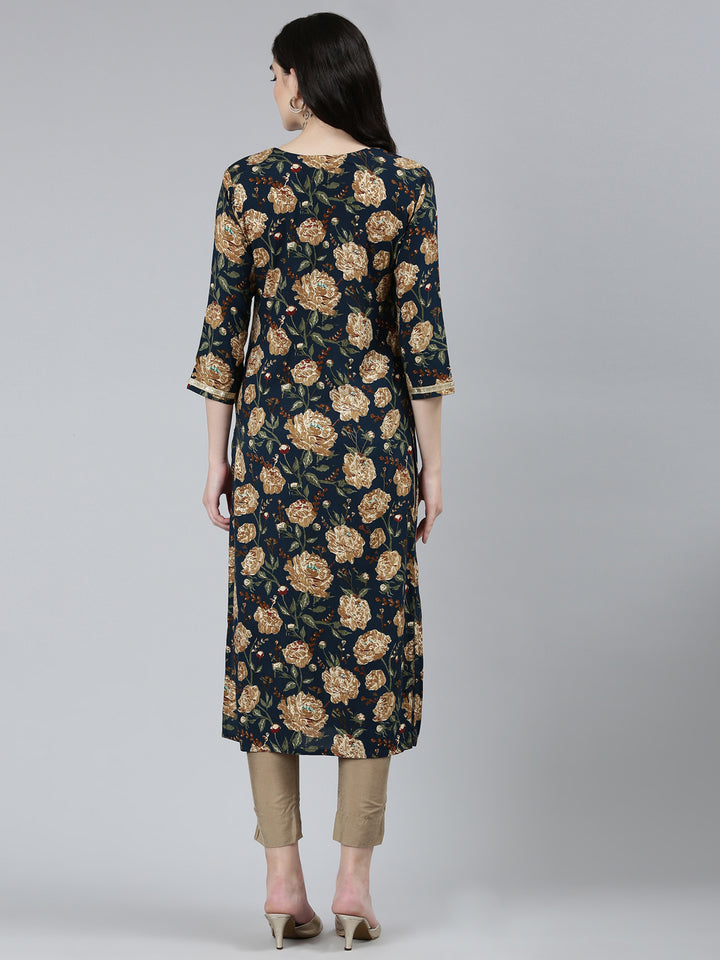 Neerus Blue floral embroidered straight kurti - side view