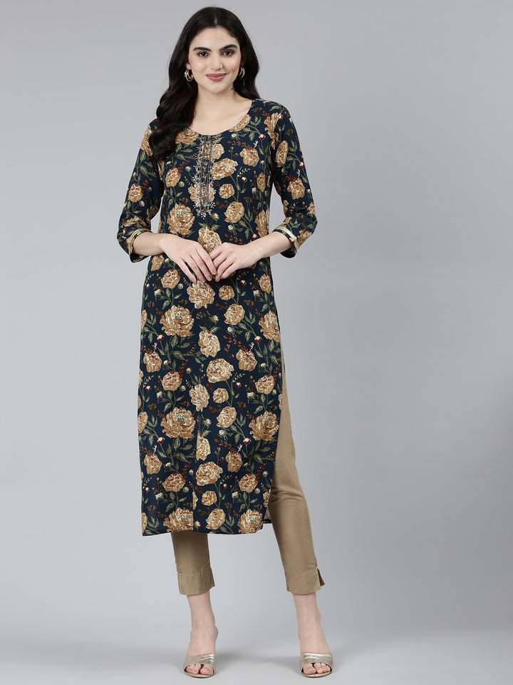 Neerus Blue floral embroidered straight kurti - detail view 2