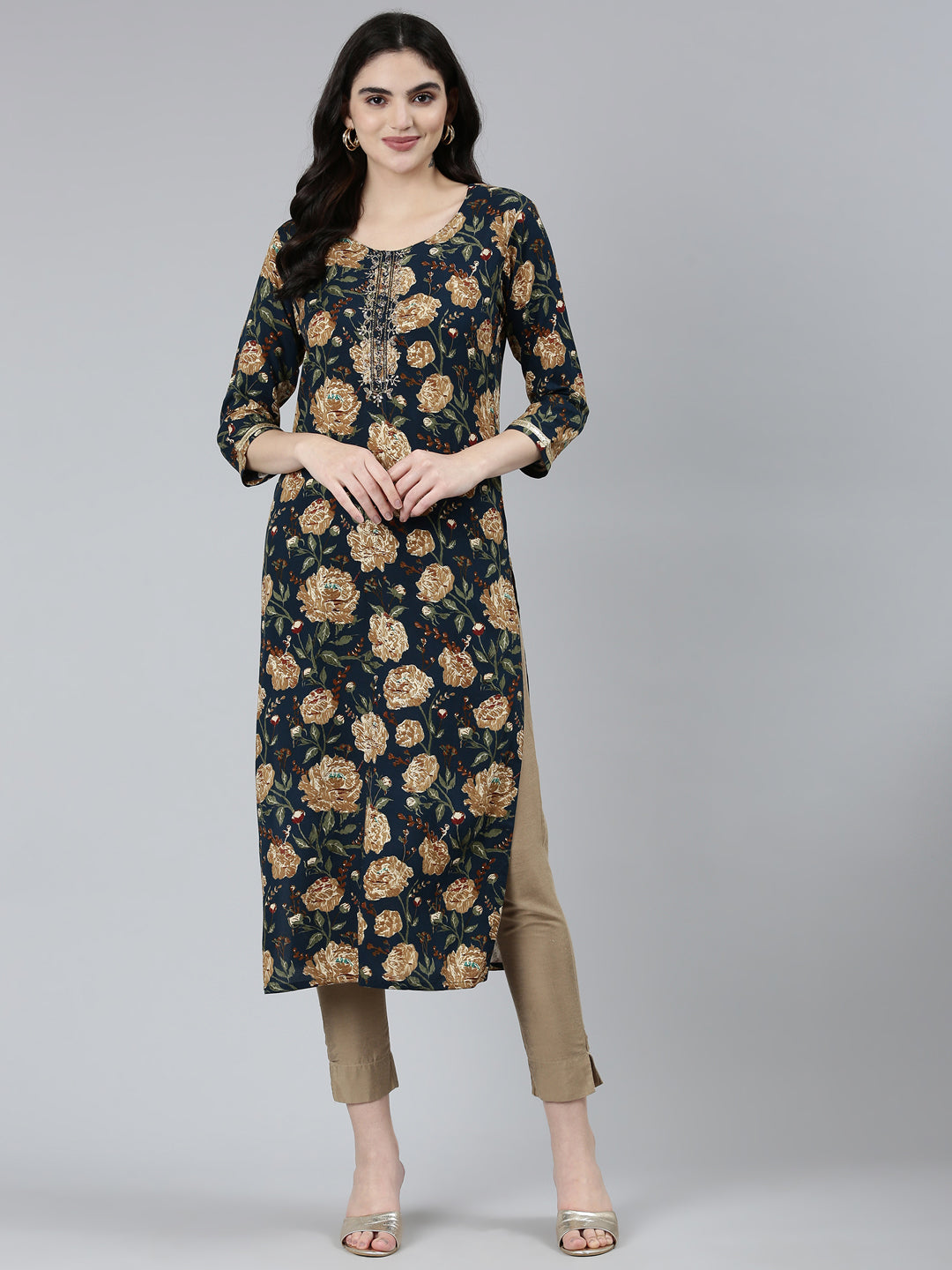 Neerus Navy Blue Regular Straight Floral Kurtas