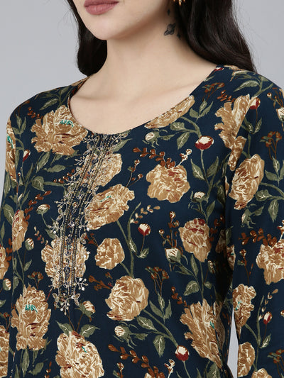 Neerus Navy Blue Regular Straight Floral Kurtas