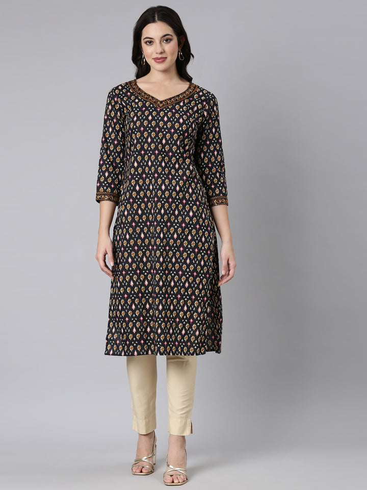 Neerus Black Regular Straight Woven Design Kurtas