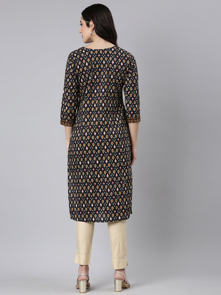 Neerus Black Regular Straight Woven Design Kurtas