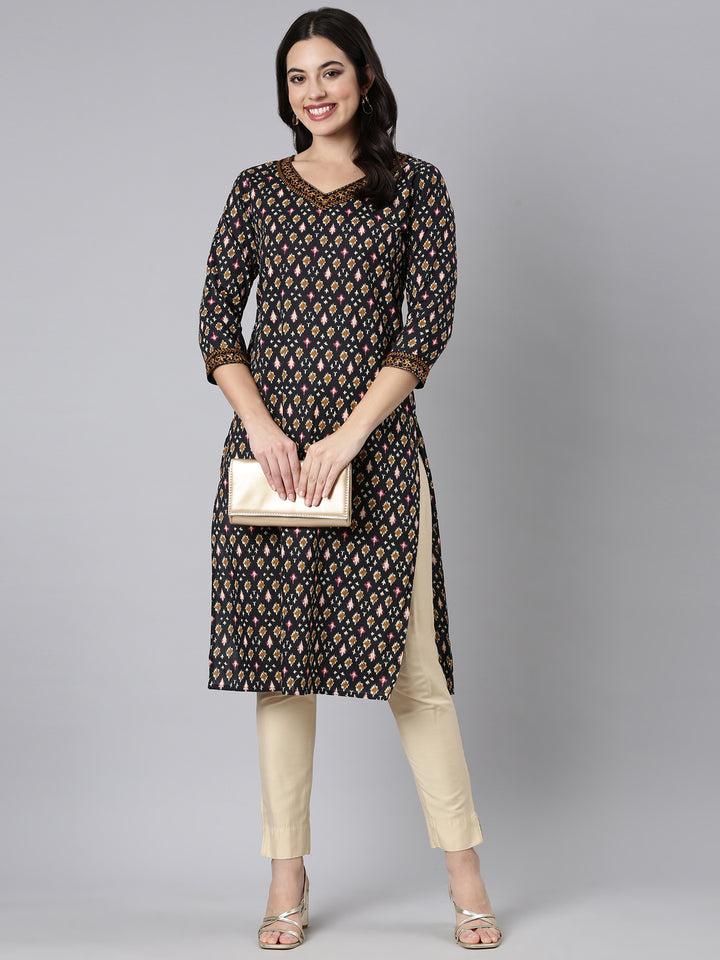 Neerus Black Regular Straight Woven Design Kurtas