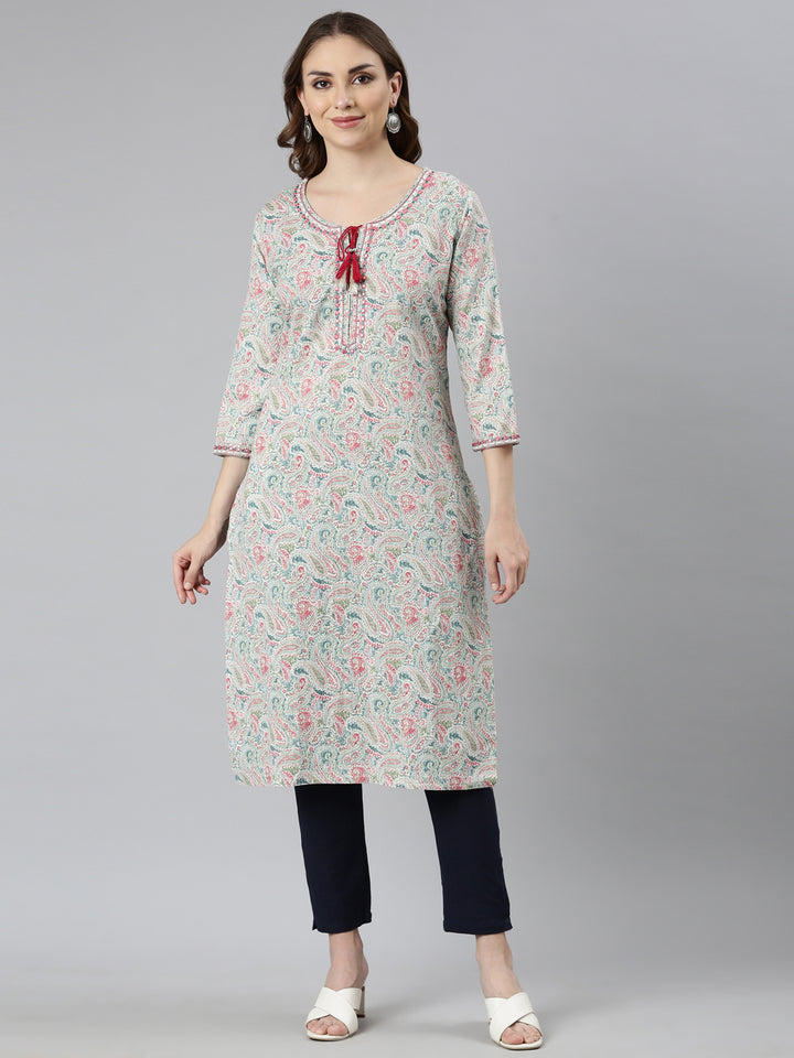 Neerus Blue Regular Straight Woven Design Kurtas