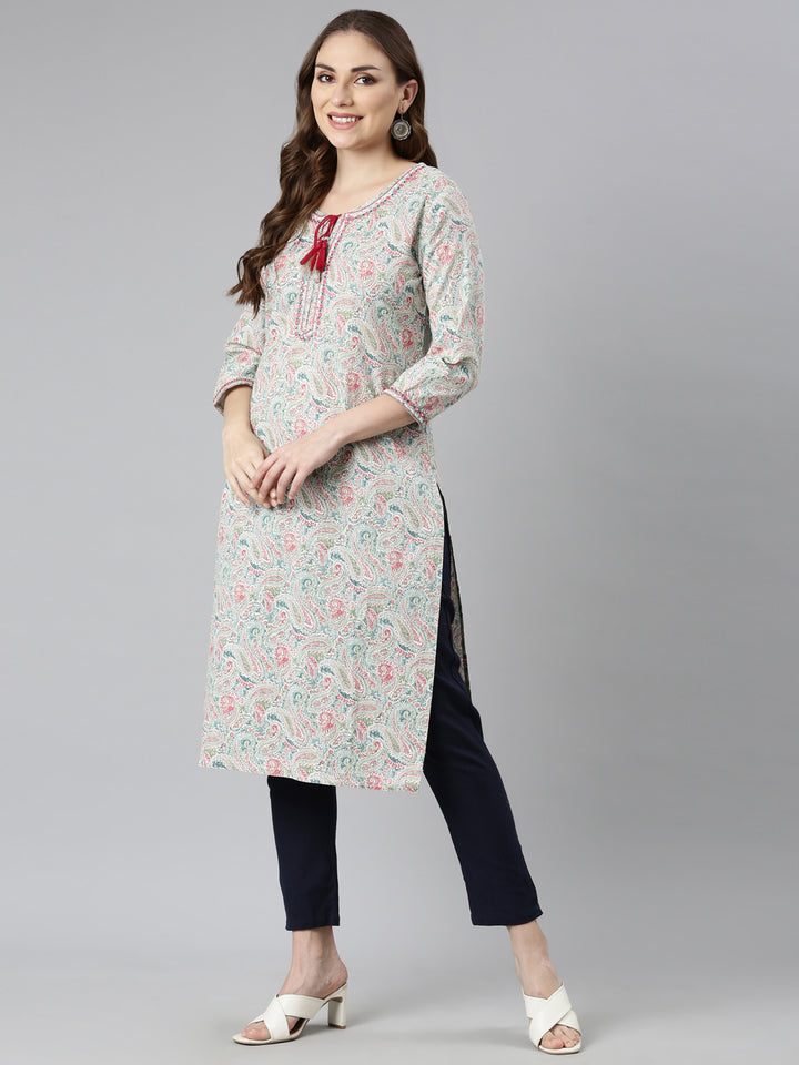 Neerus Blue Regular Straight Woven Design Kurtas