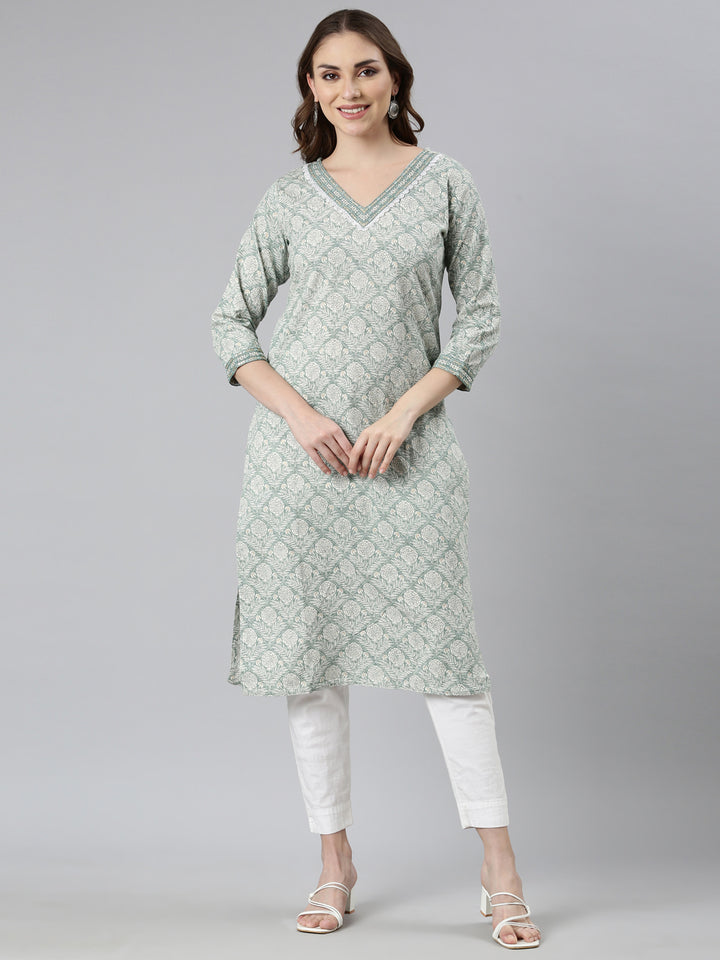 Neerus Green Panelled Straight Floral Kurtas