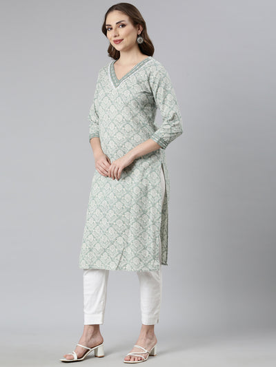 Neerus Green Panelled Straight Floral Kurtas