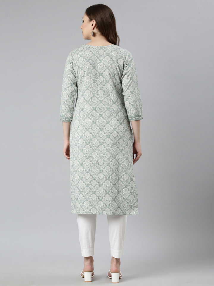 Neerus Green Panelled Straight Floral Kurtas