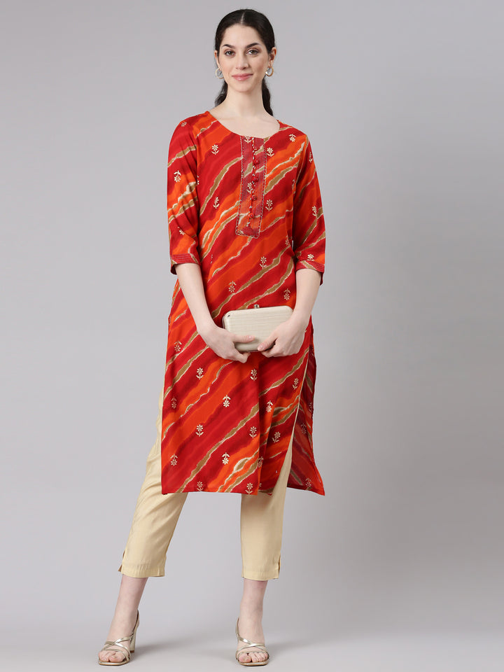 Neerus Orange Straight Casual Striped Panelled Kurtas
