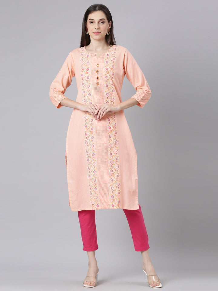 Neerus Orange Casual Floral Straight Kurtas