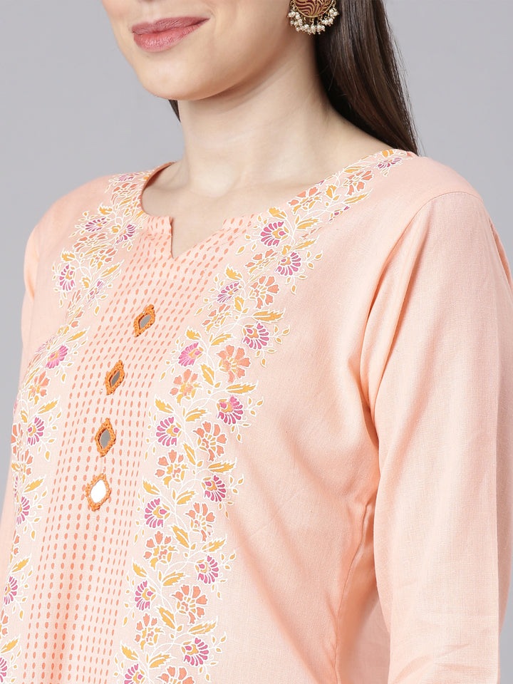 Neerus Orange Casual Floral Straight Kurtas