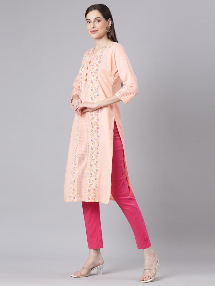 Neerus Orange Casual Floral Straight Kurtas