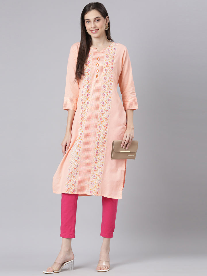 Neerus Orange Casual Floral Straight Kurtas