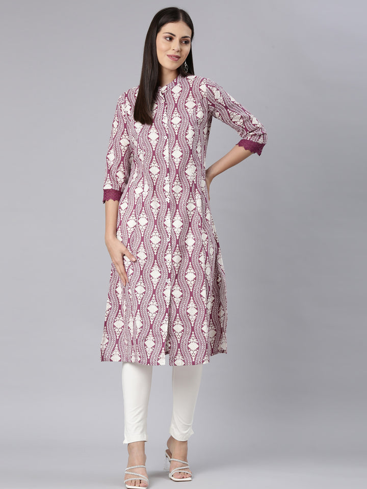 Neerus Purple Straight Casual Chevron Straight Kurtas