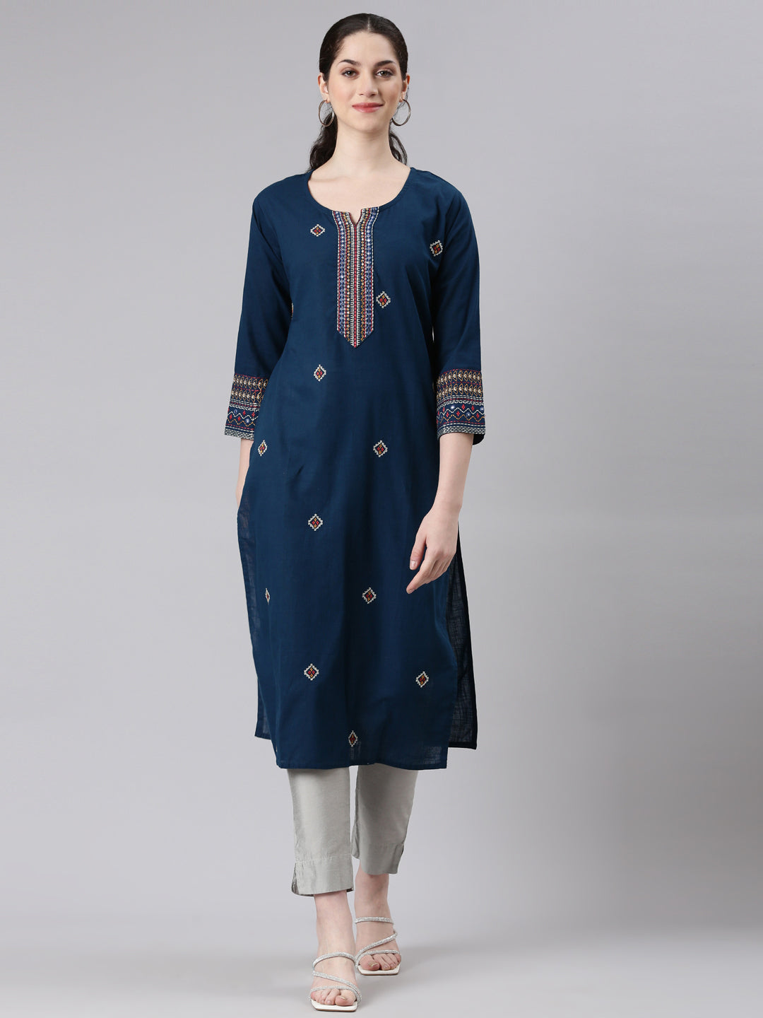 Neerus Blue Straight Casual Panelled Kurtas