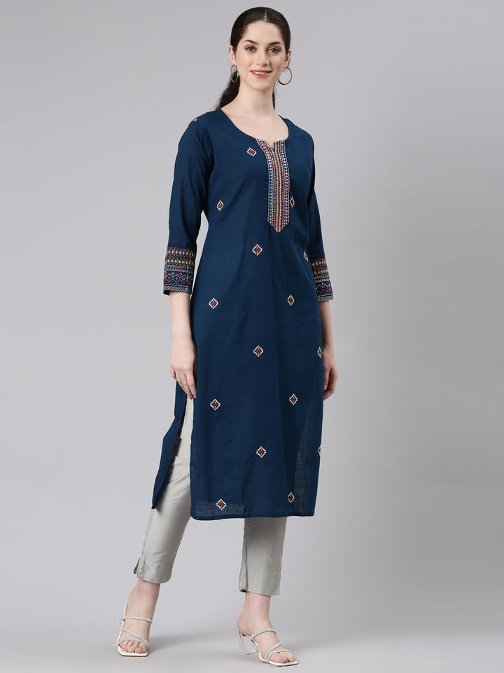 Neerus Blue Straight Casual Panelled Kurtas
