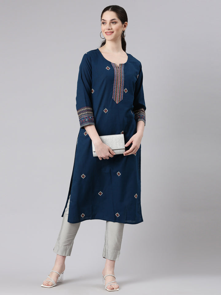 Neerus Blue Straight Casual Panelled Kurtas