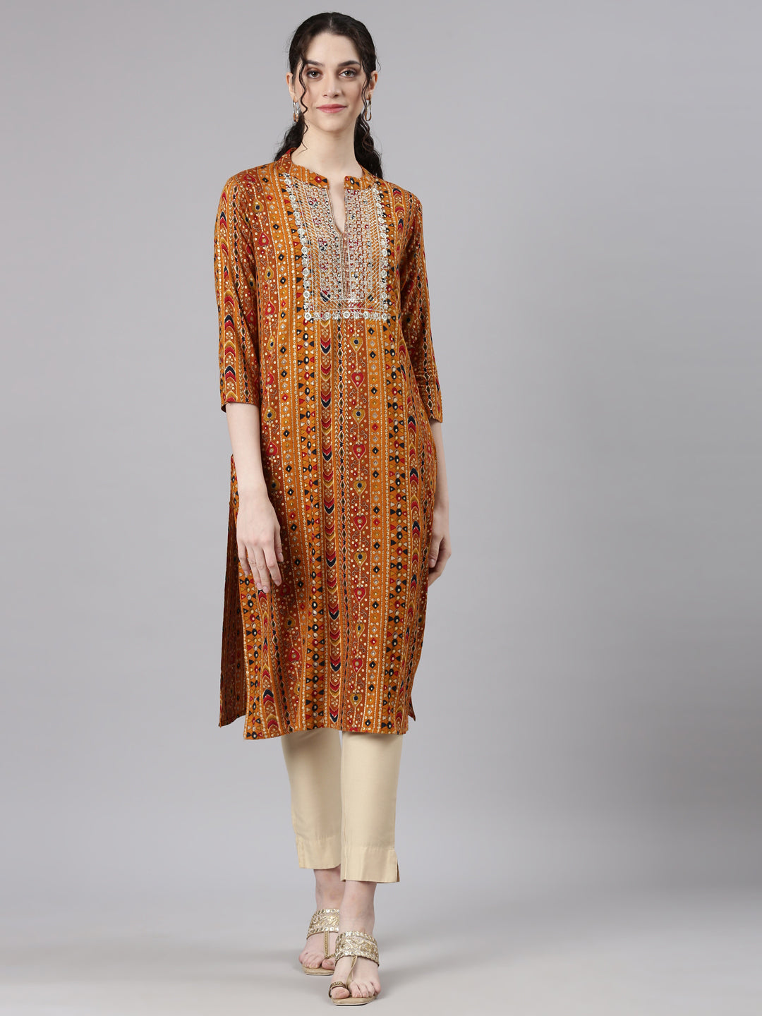 Neerus Mustard Straight Casual Ethnic Motifs Kurtas