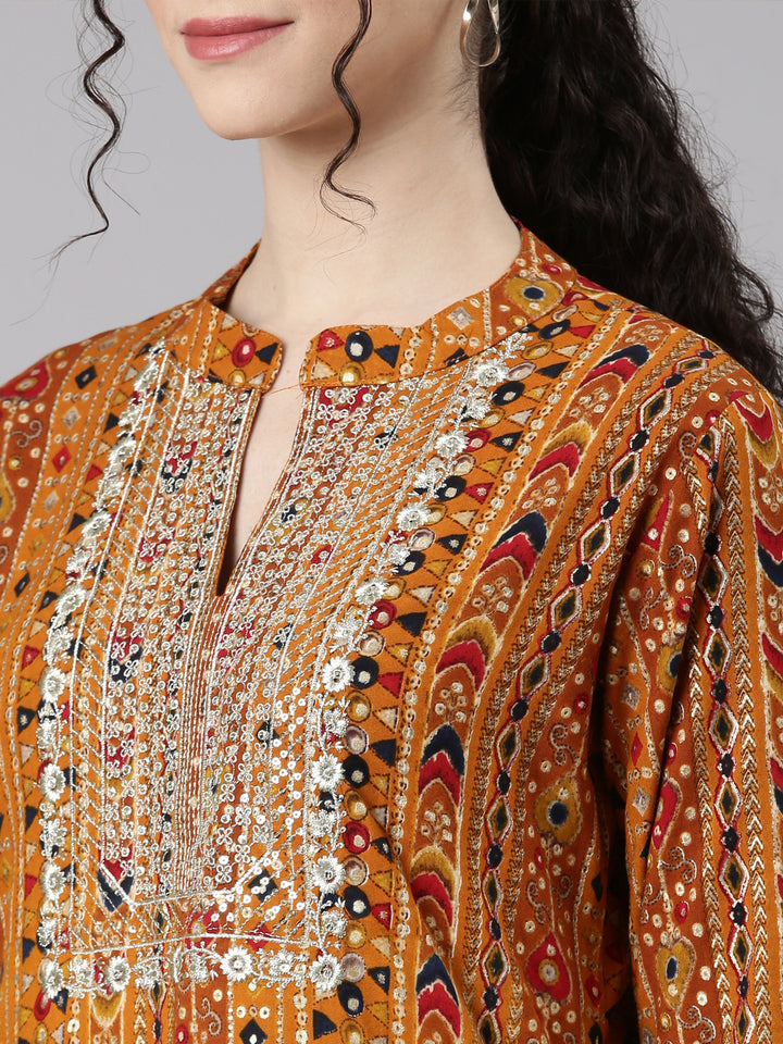 Neerus Mustard Straight Casual Ethnic Motifs Kurtas