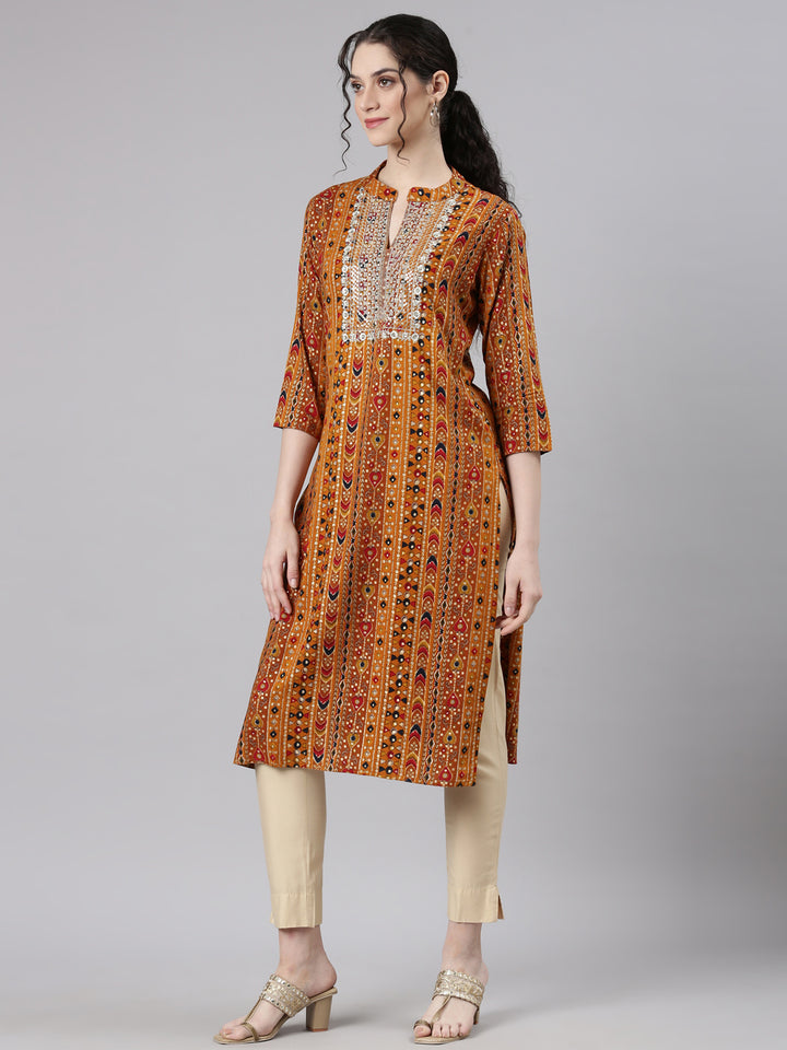 Neerus Mustard Straight Casual Ethnic Motifs Kurtas