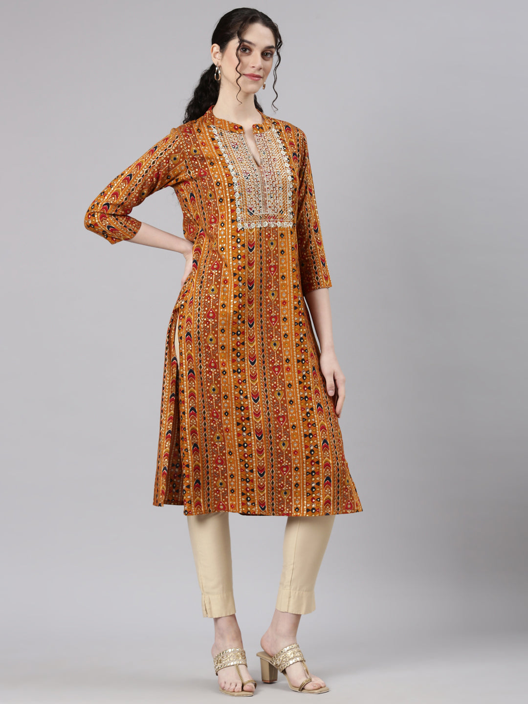 Neerus Mustard Straight Casual Ethnic Motifs Kurtas