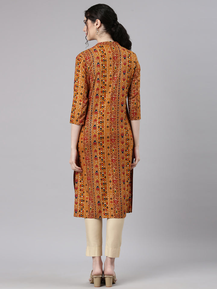 Neerus Mustard Straight Casual Ethnic Motifs Kurtas