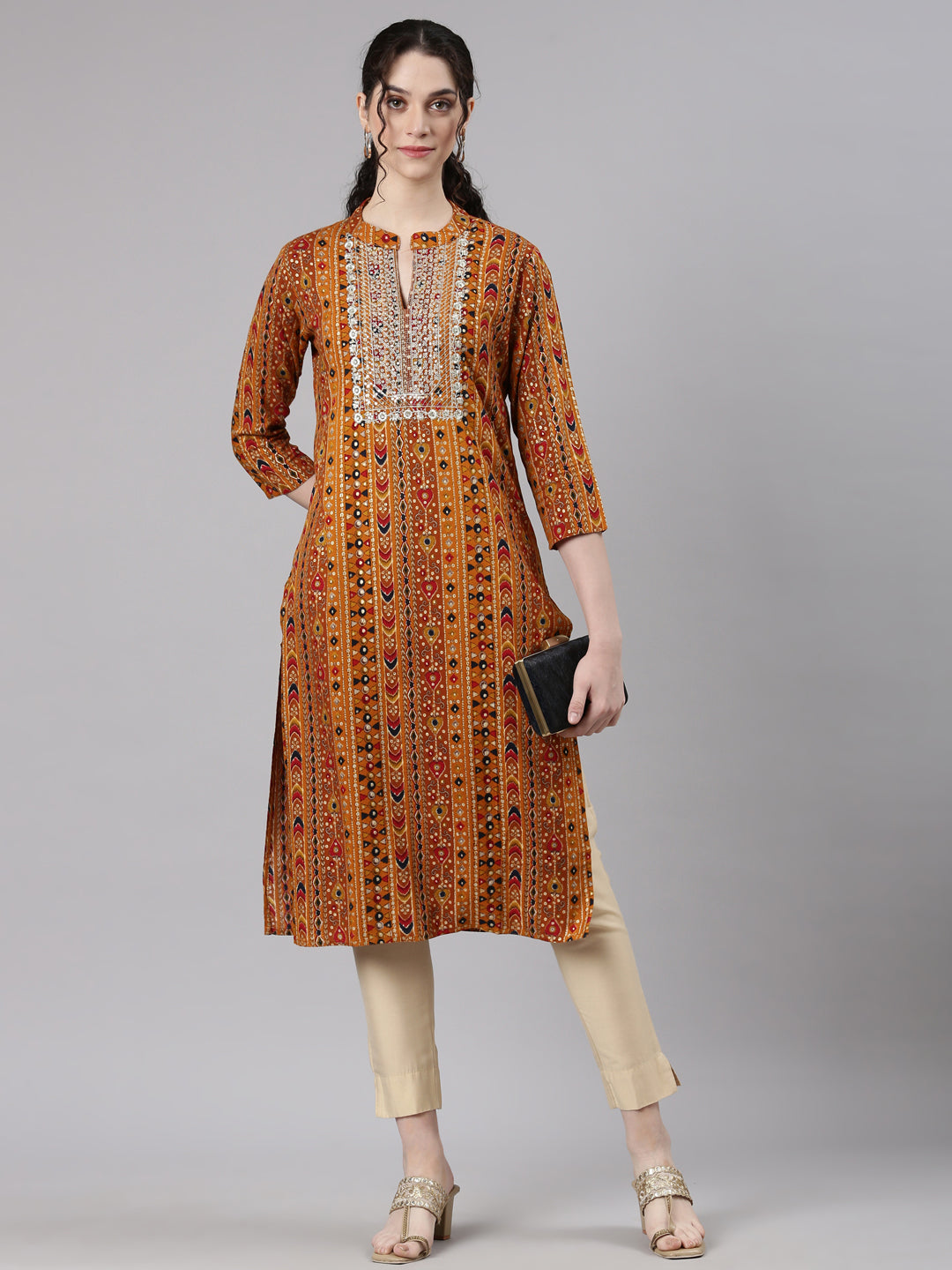 Neerus Mustard Straight Casual Ethnic Motifs Kurtas