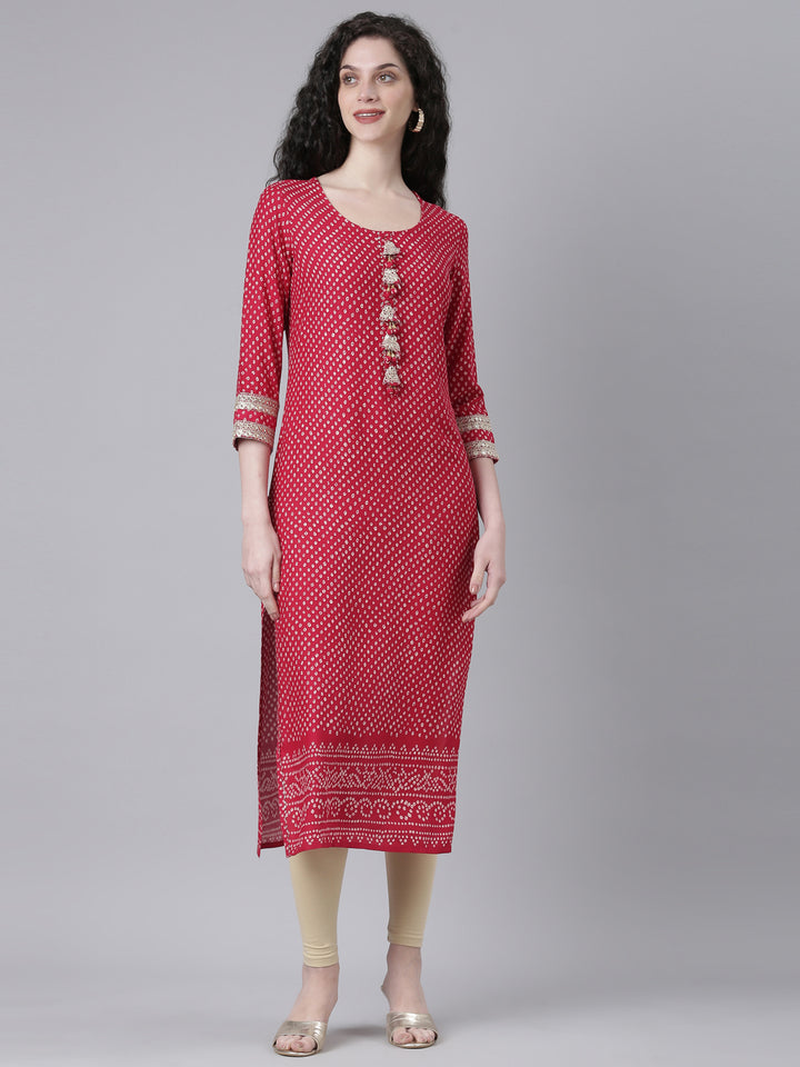 Neerus Pink Casual Bandhani Straight Kurtas