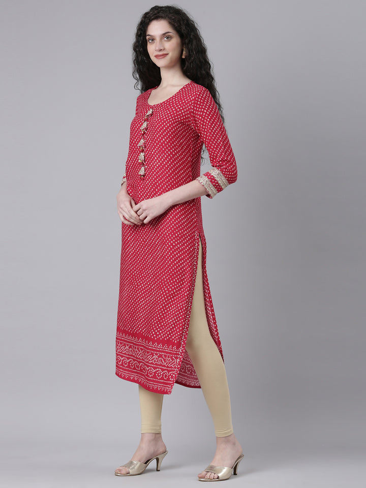 Neerus Pink Casual Bandhani Straight Kurtas