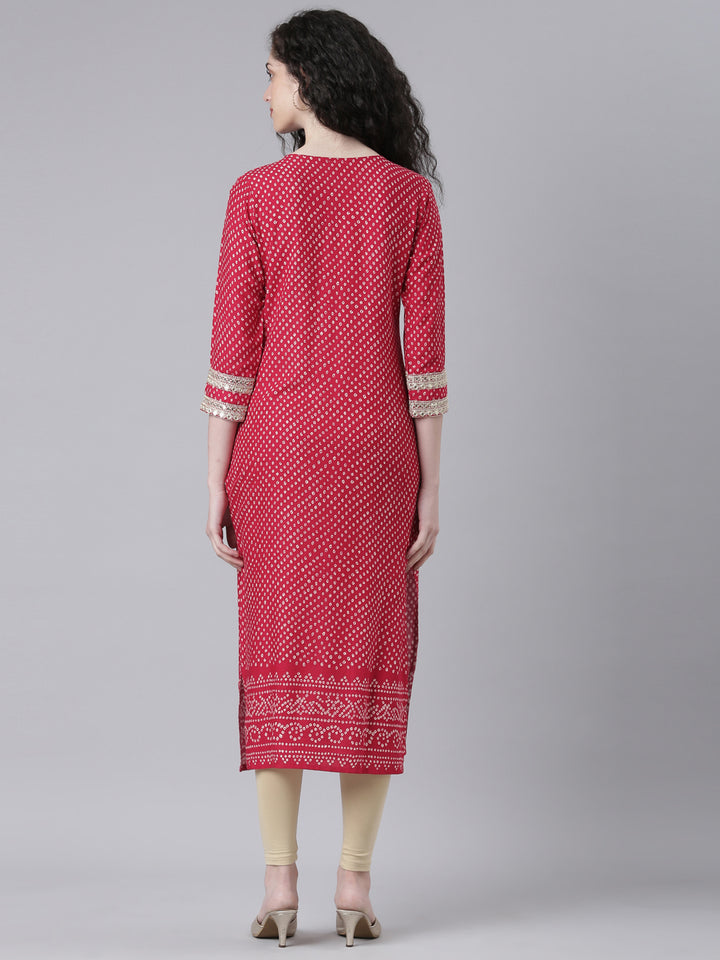 Neerus Pink Casual Bandhani Straight Kurtas