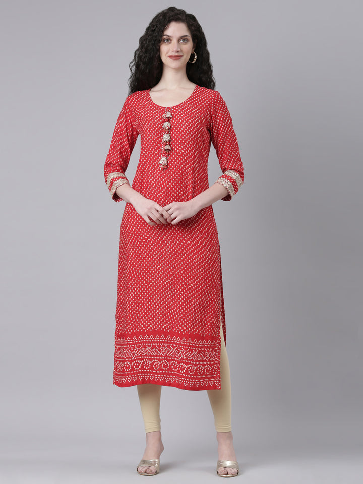 Neerus Red Casual Bandhani Straight Kurtas