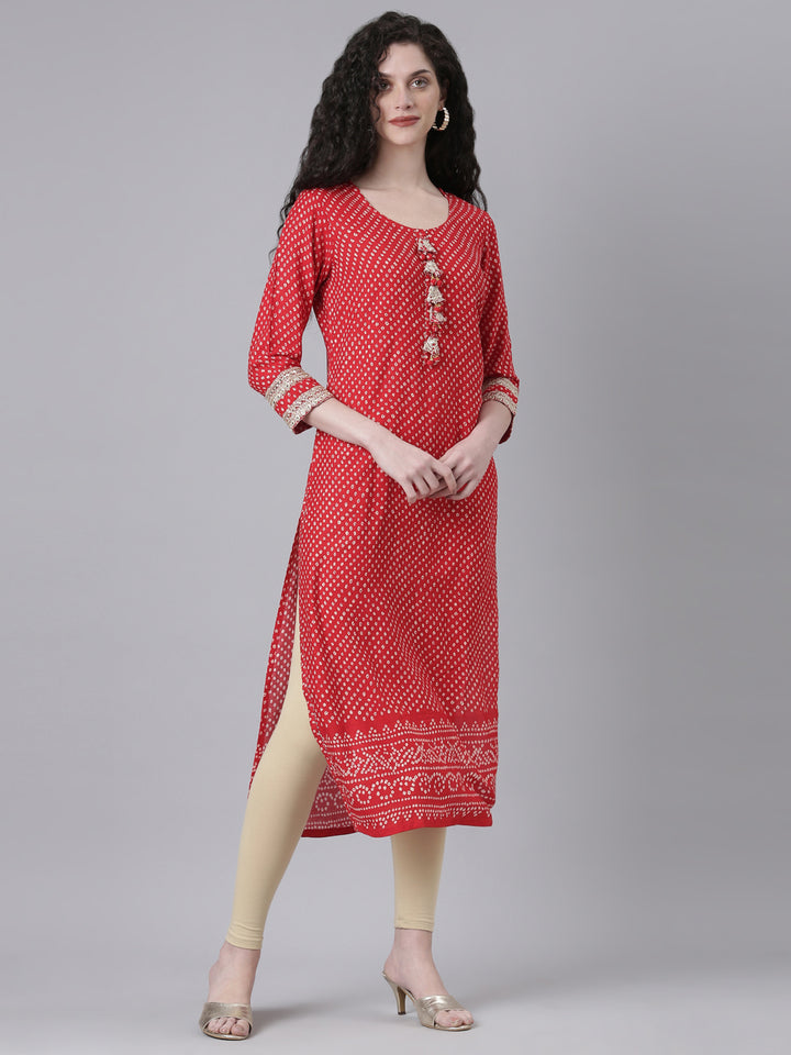 Neerus Red Casual Bandhani Straight Kurtas