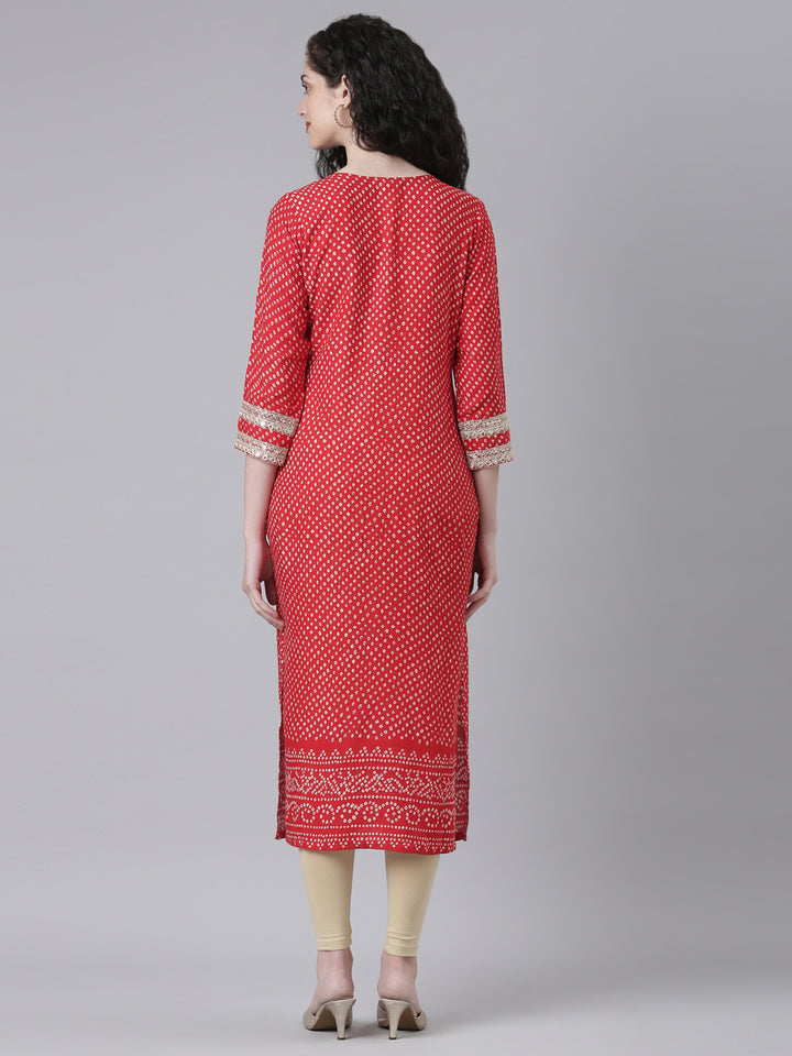 Neerus Red Casual Bandhani Straight Kurtas