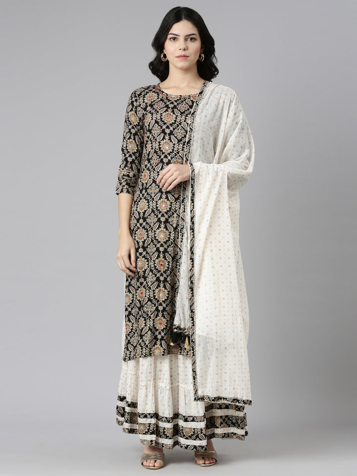 Neerus Black printed straight kurta set with skirt and dupatta - front view