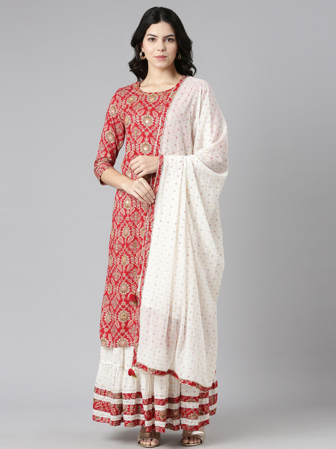 Neerus Red printed straight kurta set with dupatta - front view