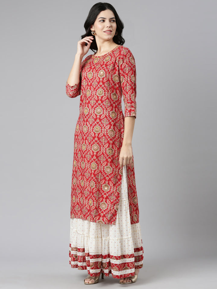 Neerus Red printed straight kurta set with dupatta - back view