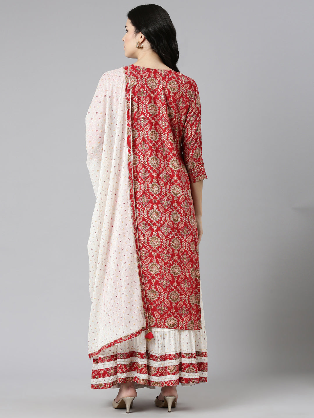 Neeru's Red Regular Straight Printed Kurta And Skirt With Dupatta