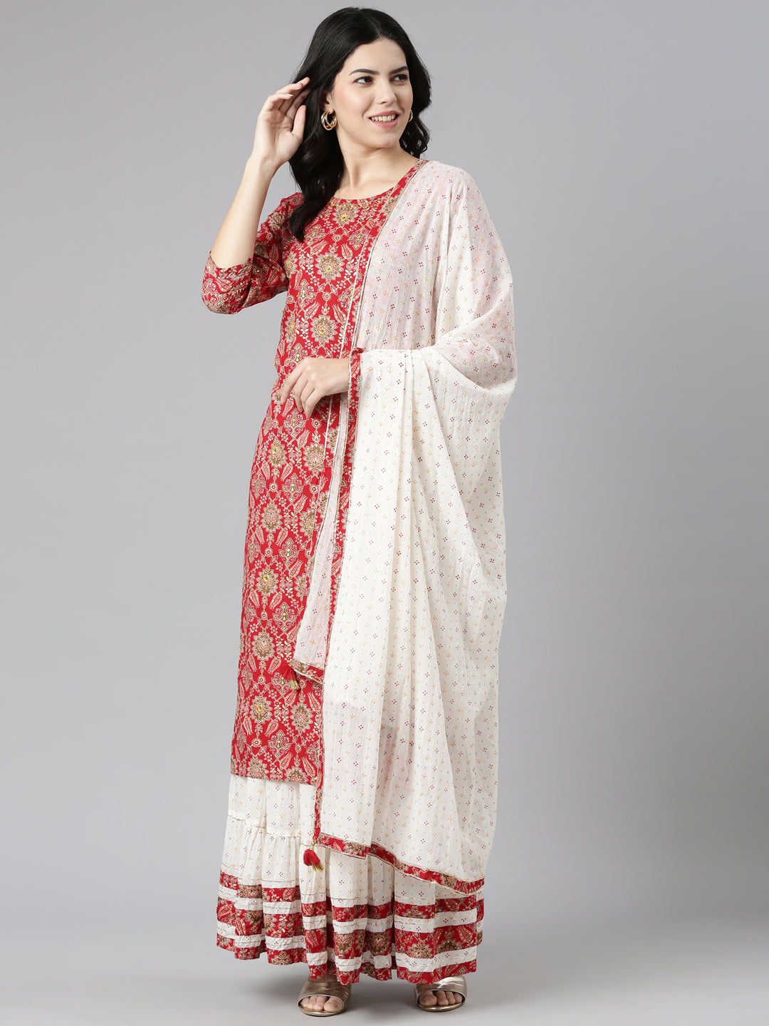 Neeru's Red Regular Straight Printed Kurta And Skirt With Dupatta