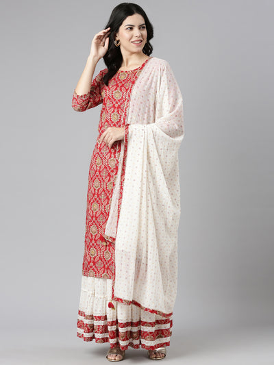 Neeru's Red Regular Straight Printed Kurta And Skirt With Dupatta